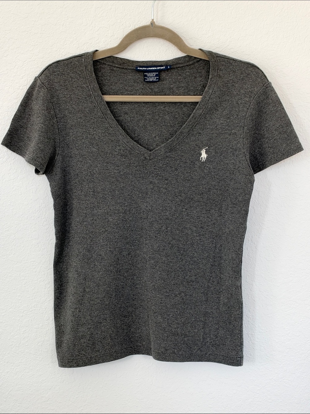 Ralph Lauren Sport Women's L Gray V Neck T Shirt Pony Logo Cotton